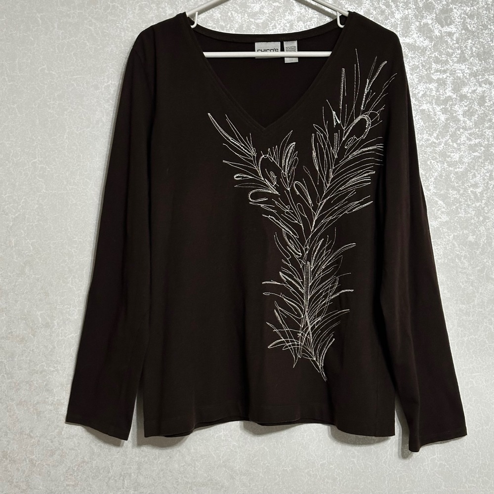 Chico's Brown V-Neck Long Sleeve Top Embroidered Beaded Feather‎ Design Sz 2 L